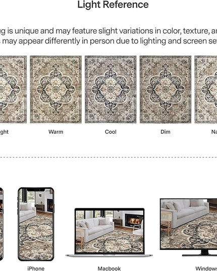 ReaLife Rugs Machine Washable Area Rug - Living Room Bedroom Bathroom Kitchen Entryway Office - Padded Low Pile Stain Resistant Premium - Boho Farmhouse Vintage - Joy - Brown Beige 4' x 6'