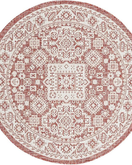 Rugs.com Outdoor Aztec Collection Rug – 4 Ft Round Rust Red Flatweave Rug Perfect for Kitchens, Dining Rooms