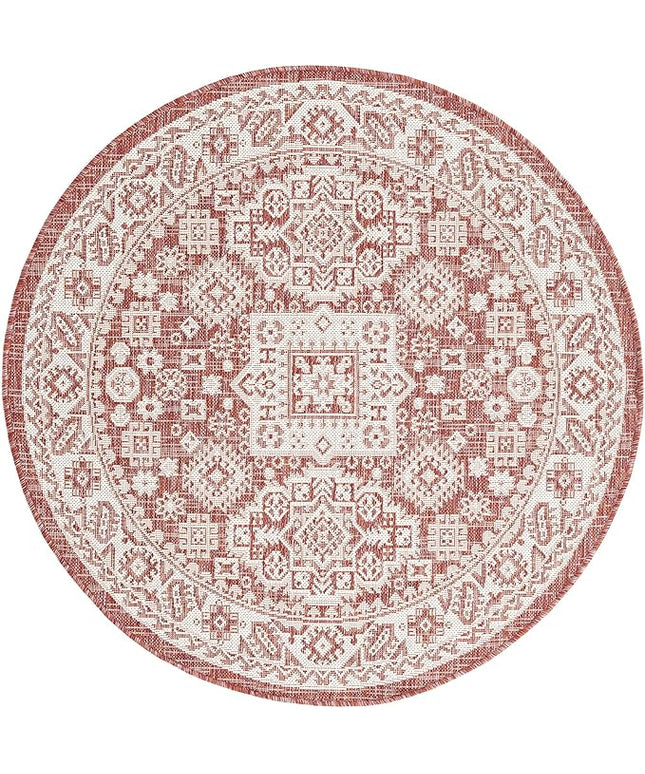 Rugs.com Outdoor Aztec Collection Rug – 4 Ft Round Rust Red Flatweave Rug Perfect for Kitchens, Dining Rooms