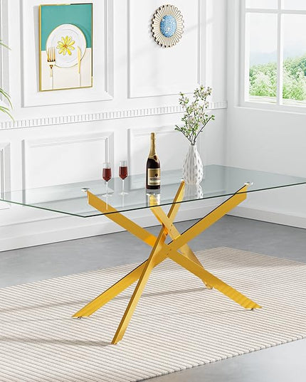 60" Rectangular Glass Dining Table Modern Kitchen Glass Top Table for 6 with Gold Metal Legs, Clear Dining Table Kitchen Table for Home Office Dining Room