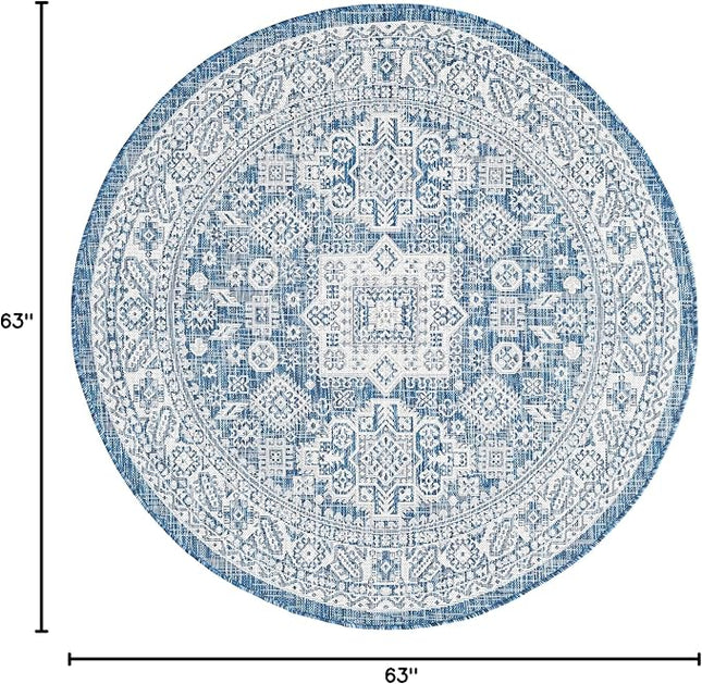 Rugs.com Outdoor Aztec Collection Rug – 5 Ft Round Blue Flatweave Rug Perfect for Kitchens, Dining Rooms
