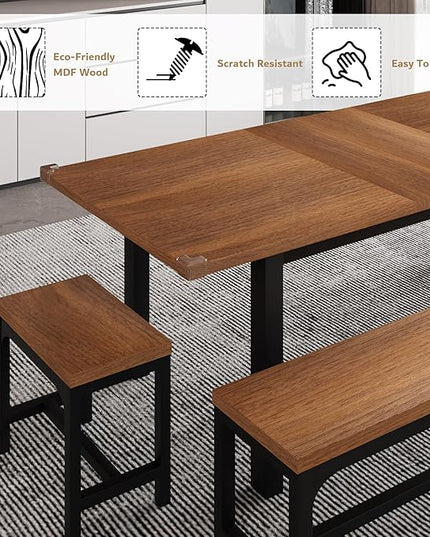 iPormis 5-Piece Dining Table Set for 4-8 People, Extendable Kitchen Table Set with 2 Benches and 2 Square Stools, Mid-Century Dining Room Table with Metal Frame & MDF Board, Saving Space, Walnut