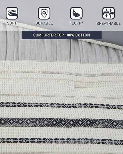 Hyde Lane Modern Farmhouse Comforter Set – King Size, 3-Piece Indigo Blue Striped Cotton Comforter with Matching Pillow Shams, Luxuriously Soft All-Season Bedding