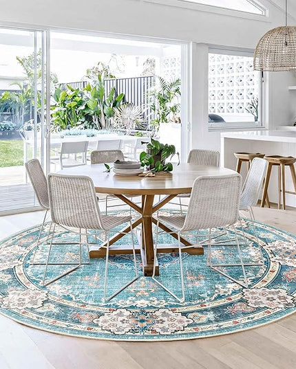 MUJOO Teal Round Rug 6ft,Circle Washable Area Rugs for Bedroom Living Room Bathroom,Boho Large Non Slip Circular Carpet,Floral