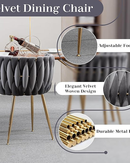 Modern Clear Round Glass Top Dining Table Set, 5 Pieces Mid Century Circle Dining Room Set for 4, 39'' Small Circular Kitchen Table and Chairs Set of 4, Grey Woven Chair, for Home (Golden)