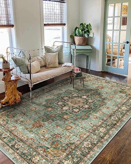 Washable Oriental Area Rug - 5x8 Rugs for Living Room Soft Carpet for Bedroom Waterproof Floral Distressed Indoor Stain Resistant Non-Shedding Floor Carpets (Green, 5x8)