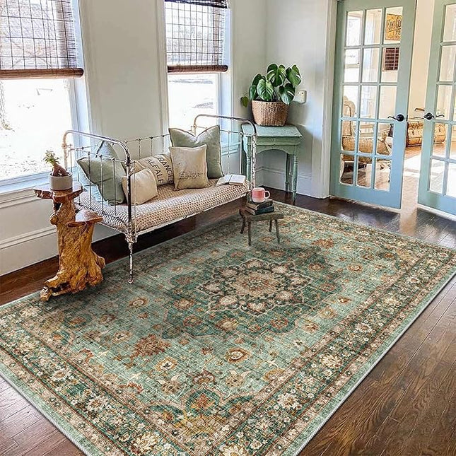 Washable Oriental Area Rug - 5x8 Rugs for Living Room Soft Carpet for Bedroom Waterproof Floral Distressed Indoor Stain Resistant Non-Shedding Floor Carpets (Green, 5x8)