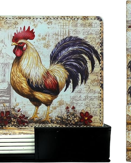 Rooster Coasters Square Leather Drinks Coaster Set with Holder for Coffee Table Bar Home Decor 4 Inches Set of 6