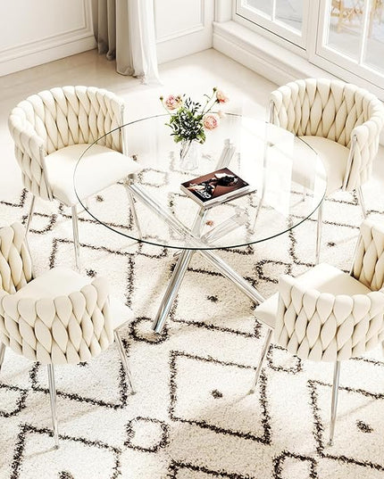 5 Pieces Round Glass Dining Set, Modern Luxury Circle Kitchen Table Set for 4, 39'' Clear Minimalist Circular Glass Top Dinner Room Set with Ivory Woven Chair, for Small Apartment (Silver)