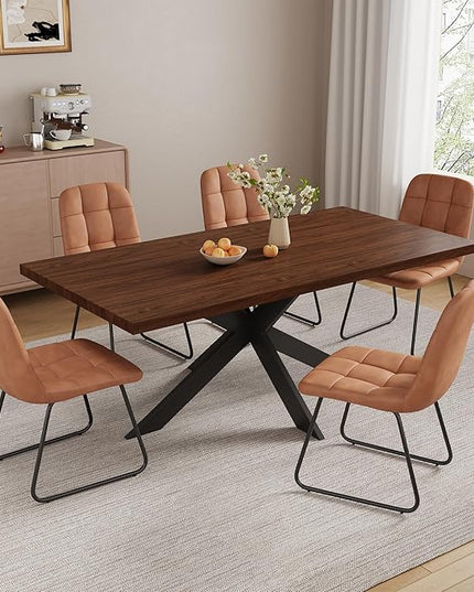 ZckyCine Modern 7-Piece Dining Table Set, 51''-67'' Extendable Walnut Wood Rectangular Table with Metal Legs and 6 PU Leather Chairs, Kitchen & Dining Room Furniture for 6, Easy Assembly
