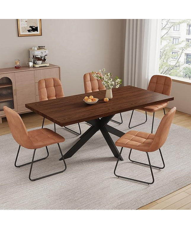 ZckyCine Modern 7-Piece Dining Table Set, 51''-67'' Extendable Walnut Wood Rectangular Table with Metal Legs and 6 PU Leather Chairs, Kitchen & Dining Room Furniture for 6, Easy Assembly