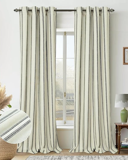DriftAway Farmhouse Linen Blend Blackout Curtains 108 Inches Long for Bedroom Vertical Striped Printed Linen Curtains Thermal Insulated Lined Treatments for Living Room 2 Panels W52 x L108 Black