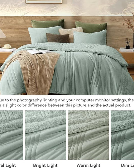 Monbix Fluffy Queen Comforter Set Sage Green, Sherpa Plush Fuzzy Comforter 3 Piece for Queen Size Bed, Luxury Soft Winter Warm Bedding Set