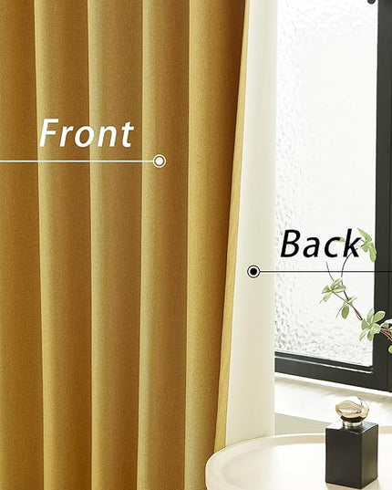 DUALIFE Faux Linen Blackout Yellow Curtains 80 Inch Long,Farmhouse Back Tab Rod Pocket Curtains Room Darkening Thermal Insulated Drapes for Bedroom Living Room,W50 x L80,2 Panels