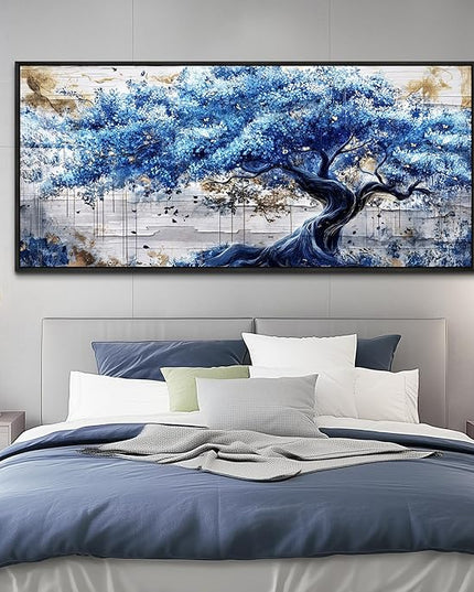 ERQINHUA Large Canvas Wall Decor For Living Room Wall Art For Bedroom Office Home Decor Blue Tree Wall Paintings Farmhouse Abstract Watercolour Pictures Artwork Ready To Hang 32x72 In Black Framed