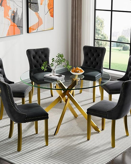HomVent 7 Piece Round Glass Dining Table Set, Tempered Glass Dinner Table Set for 6 Kitchen Table Set with 6 Velvet Upholstered Chairs for Kitchen Dining Room