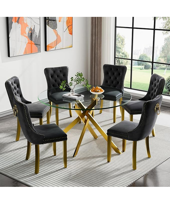 HomVent 7 Piece Round Glass Dining Table Set, Tempered Glass Dinner Table Set for 6 Kitchen Table Set with 6 Velvet Upholstered Chairs for Kitchen Dining Room