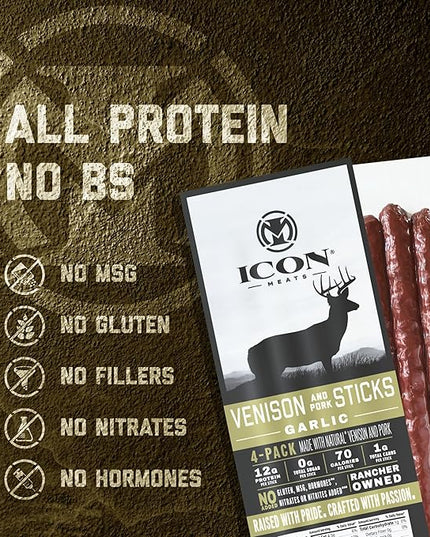 ICON Meats Venison and Pork Snack Sticks, Garlic, 6 Pack High Protein Snacks, 4 Meat Sticks per Pack, Zero Sugar, Gluten Free, Natural, USDA Inspected, Made in the USA, Gifts & Stocking Stuffers