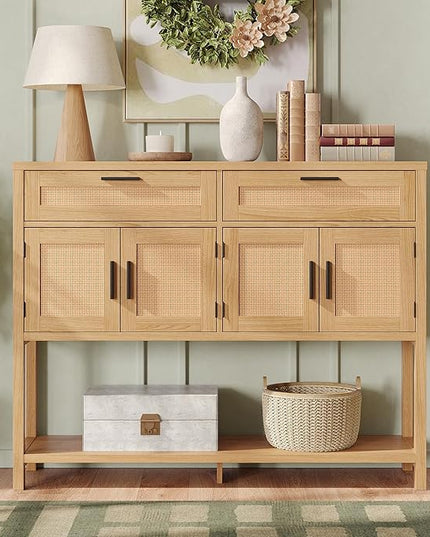 Maupvit Entryway Console Table with Large Storage Space, Sofa Table with Rattan Cabinet Doors, Buffet Table for Living Room, Hallway, Foyer Furniture for Home Decor, Nature Wood Color