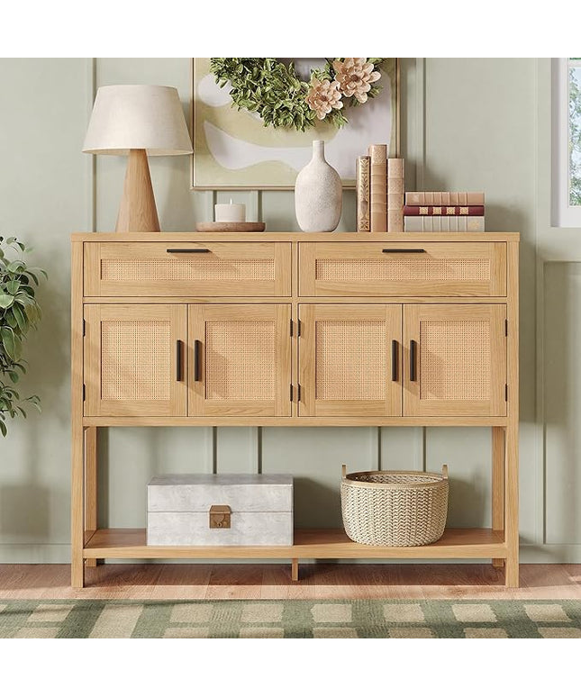 Maupvit Entryway Console Table with Large Storage Space, Sofa Table with Rattan Cabinet Doors, Buffet Table for Living Room, Hallway, Foyer Furniture for Home Decor, Nature Wood Color