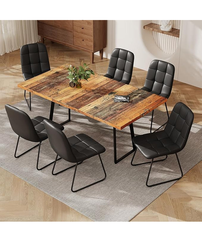 ZckyCine Extendable Dining Table Set 47"-63", Rustic Wood Table with 6 PU Leather Chairs, Modern Scandinavian Dining Room Furniture for Kitchen Apartment