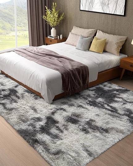 Ophanie Tie-Dyed Grey&White 8x10 Area Rugs for Living Room, Large Shag Bedroom Carpet, Big Indoor Thick Soft Nursery Rug, Fluffy Carpets for Boy and Girls Room Dorm Home Decor Aesthetic