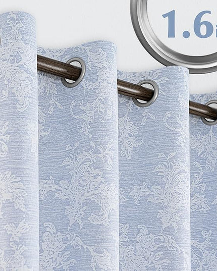 FMFUNCTEX Blue Floral Jacquard Blackout Curtains 63 Inch Length for Bedroom, Scroll Flower Chenille Farmhouse Curtains for Living Room Darkening Thermal Insulated Grommet Window Drapes 2 Panels