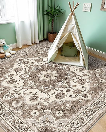 Washable 6x6 Rug Square - Ultra Soft Living Room Area Rug Under Sofa Non-Slip Rugs for Bedroom Dining Room - Stain Resistant Farmhouse Decor for Family with Pets & Kids (Beige, 6x6)