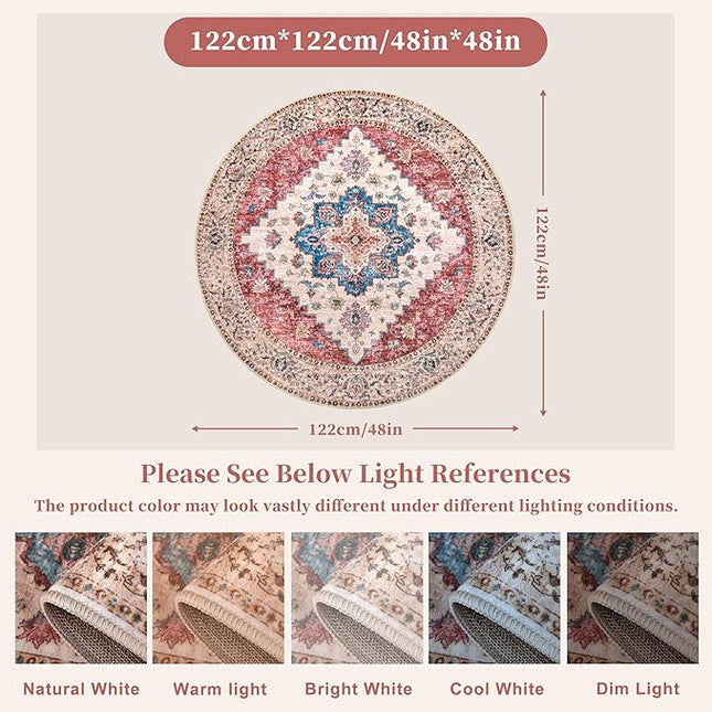 Ciicool Boho Area Rug 4x4ft Round Washable Bedroom Non-Slip Vintage Entryway Throw Low-Pile Indoor Carpet for Living Room Foyer