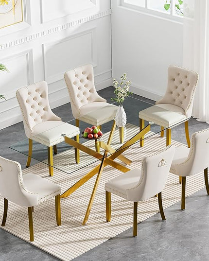 HomVent 7 Piece Rectangular Glass Dining Table Set, Tempered Glass Dinner Table Set for 6 Kitchen Table Set with 6 Velvet Upholstered Chairs for Kitchen Dining Room