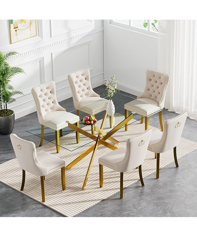 HomVent 7 Piece Rectangular Glass Dining Table Set, Tempered Glass Dinner Table Set for 6 Kitchen Table Set with 6 Velvet Upholstered Chairs for Kitchen Dining Room