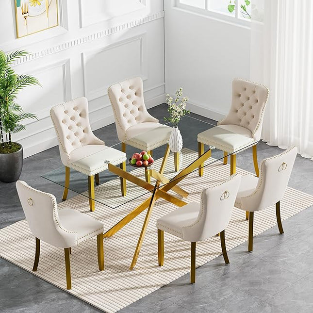 Modern 7-Piece Glass Dining Table Set for 6, Modern 60" Rectangle Gold Glass Dining Room Table Set with Milk White Velvet Tufted Chairs Wood Legs for Kitchen Dining Room