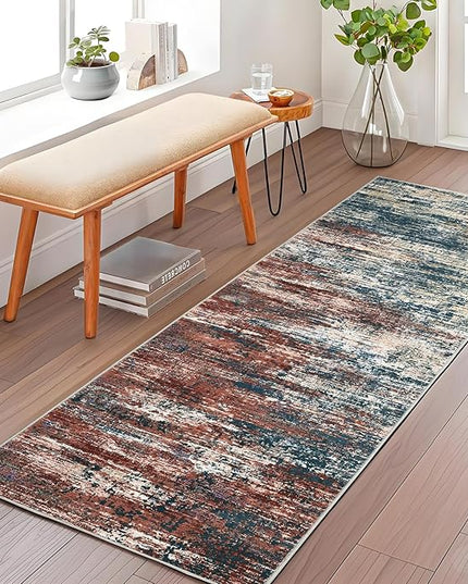 Washable Runner Rug 2x6 Modern Abstract Kitchen Rugs, Non Slip Bathroom Rug, Low Pile Laundry Room Soft Long Carpet for Hallway Bedroom Entryway, Red Multi