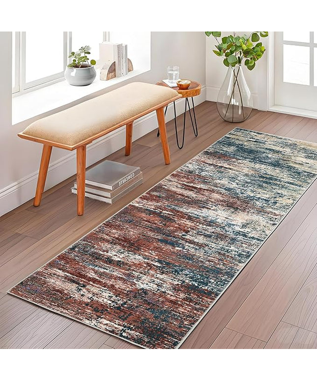 Washable Runner Rug 2x6 Modern Abstract Kitchen Rugs, Non Slip Bathroom Rug, Low Pile Laundry Room Soft Long Carpet for Hallway Bedroom Entryway, Red Multi