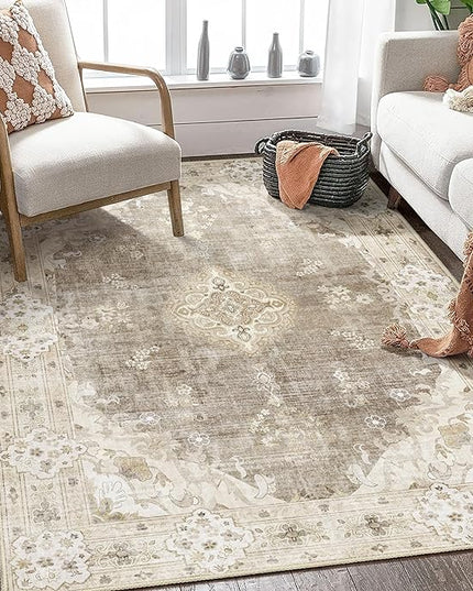 MUJOO Boho Rug 4'x6.5',Beige Area Rugs for Bedroom Living Room Dining Room,Machine Washable Non Slip Carpet Vintage Bohemian Distressed Farmhouse,Floral