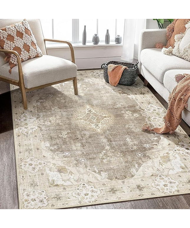MUJOO Boho Rug 4'x6.5',Beige Area Rugs for Bedroom Living Room Dining Room,Machine Washable Non Slip Carpet Vintage Bohemian Distressed Farmhouse,Floral