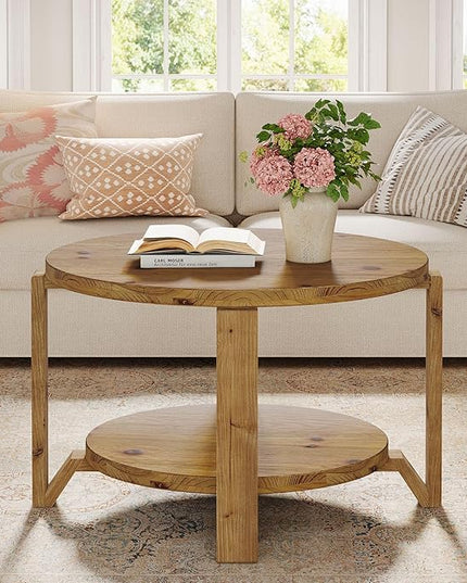 Tribesigns 30" Solid Wood Coffee Table, Round Small Coffee Table with 2-Tier Storage for Living Room, Farmhouse Brown Round Solid Wood Accent, Circle Center Furniture with Natural Texture Design