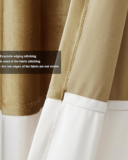 BULBUL Color Block Window Curtains Panels 72 inches Long Gold Ivory Velvet Farmhouse Drapes for Bedroom Living Room Darkening Treatment with Grommet Set of 2