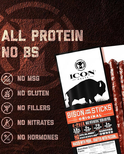ICON Meats Bison and Pork Snack Sticks, Original, 6 Pack High Protein Snacks, 4 Meat Sticks per Pack, Sugar Free, Gluten Free, Natural, USDA Inspected, Made in USA, Gifts or Stocking Stuffers