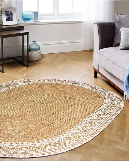 voyzz home 5x8 Feet-Oval, Premium Natural Jute Braided Area Rug, White Printed Border, Stain Resistance, Natural Brown, Handmade Rug for Entryways, Living Room, Dining Room, Bedroom, Office, Farmhouse