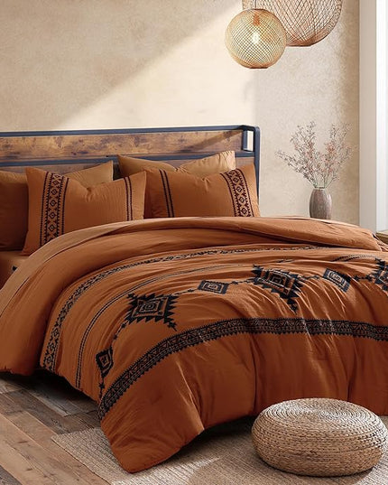 MaiRêve Embroidery Comforter Set, Boho Farmhouse Western Bedding Set, All Season Bed in A Bag Comforter Set with Sheets, Pillowcases & Shams, Burnt Orange Oversized Queen 7 Pieces