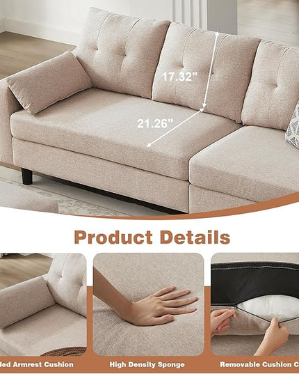 Sectional Sofa with Storage Seats, 4 Seater U Shaped Couch with 2 Movable Ottoman Chaises for Living Room, Polyester Cover & Soft Cushions, 101" Combination Sectional Couch, Beige