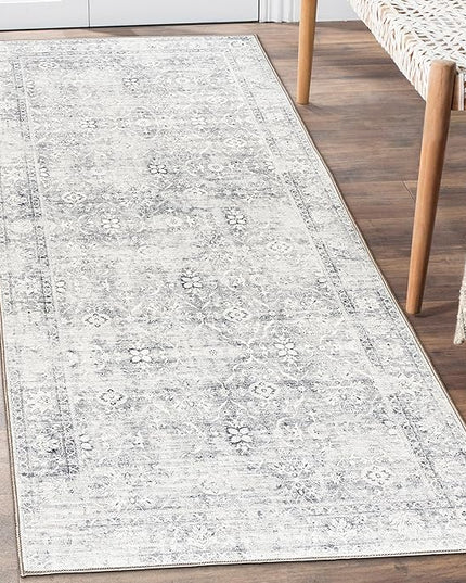 ReaLife Rugs Machine Washable Area Rug Runner - Living Room Bedroom Bathroom Kitchen Entryway Office - Padded Low Pile Stain Resistant Premium - Boho Farmhouse Vintage - Noor - Silver Ivory 2'6" x 8'