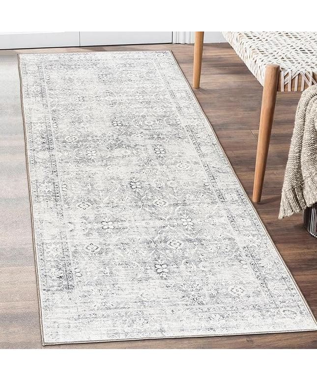 ReaLife Rugs Machine Washable Area Rug Runner - Living Room Bedroom Bathroom Kitchen Entryway Office - Padded Low Pile Stain Resistant Premium - Boho Farmhouse Vintage - Noor - Silver Ivory 2'6" x 8'