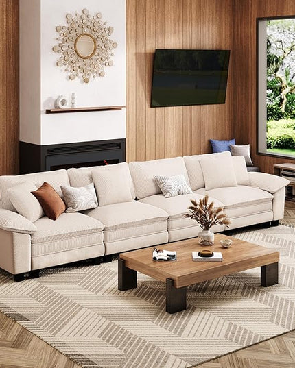 157.5" Cloud Modular Sectional Sofa, 4-Seater w/Deep Seat & Removable Arms, Plush Corduroy for Living Room - Beige