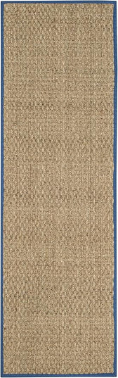 SAFAVIEH Natural Fiber Collection Runner Rug - 2'6" x 16', Natural & Navy, Seagrass, Basketweave Pattern with Border (NF114T)