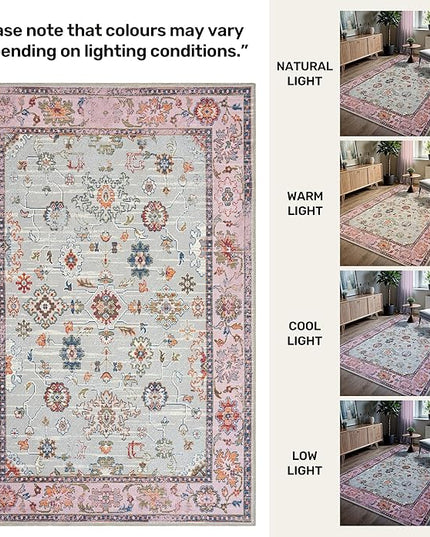 GLN Rugs Traditional Collection - Machine Washable Area Rug, Traditional Washable, Non Slip, Low Pile Chenille Rug, Living Room, Bedroom, Kitchen Rug (6'6"x9'6" Pink and Gray)