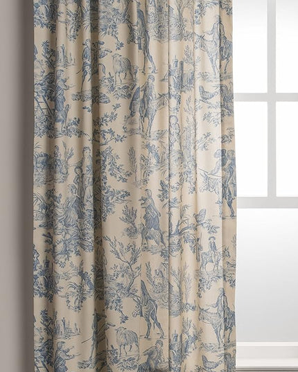 Maison d' Hermine Curtains for Living Room 100% Cotton 96 inch Length One Panel Light Filtering Toile Curtains for Bedroom Windows with Rod and Loop Pockets Drapes (The Miller Blue, 50" W x 96" L)