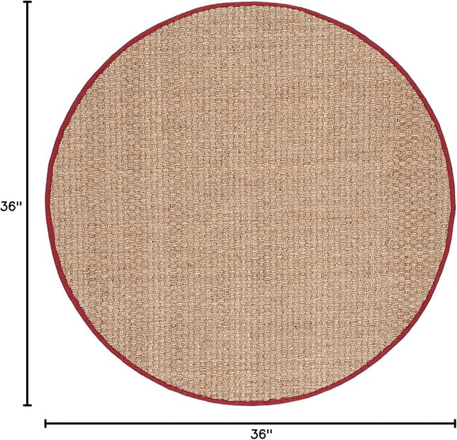SAFAVIEH Area Rug 3' Round - Natural Fiber Collection - Natural & Red, Seagrass, Basketweave Pattern with Border (NF114D)