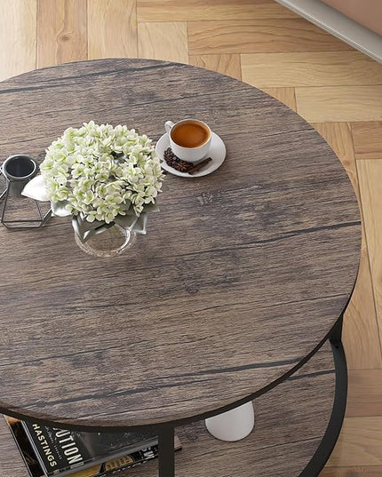 NSdirect Round Coffee Table, 27.5" Small Coffee Table for Living Room,2-Tier Rustic Wood Desktop with Storage Shelf Modern Design Home Furniture(Light Walnut)